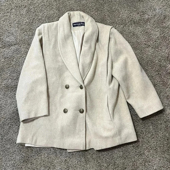 VINTAGE HERMAN KAY Wool Trench Pea Coat Gold Button Classic Oversized Preppy 90s - Picture 1 of 11